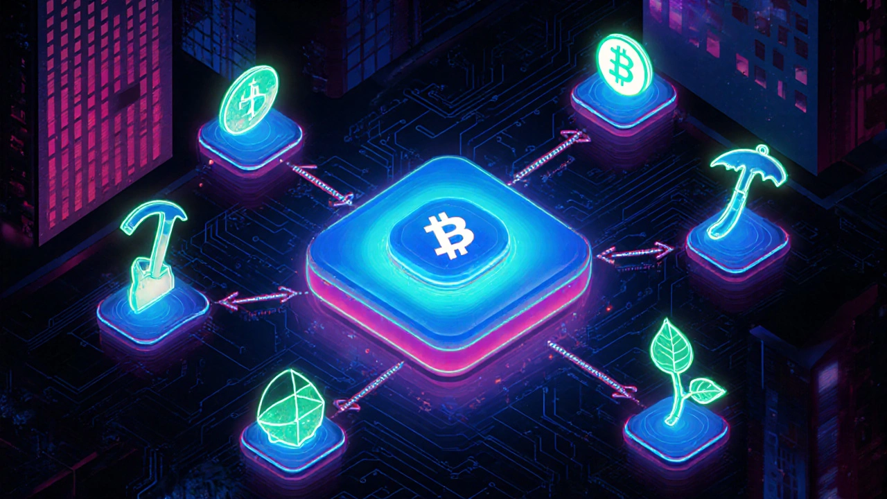 Flowchart of crypto taxable events with icons for selling, swapping, spending, mining, and airdrops.