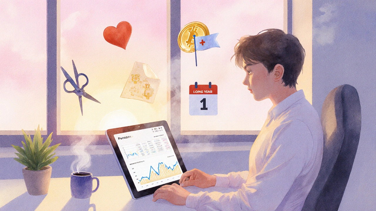 Person reviewing crypto portfolio on tablet, background of sunrise, with donation and loss‑harvesting symbols.