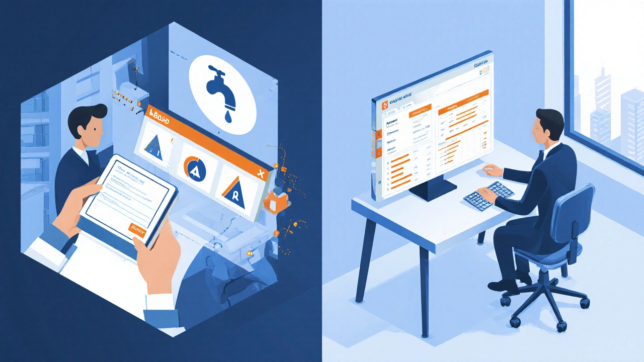 A tenant uses a tablet to submit a maintenance request while a manager reviews a digital dashboard.
