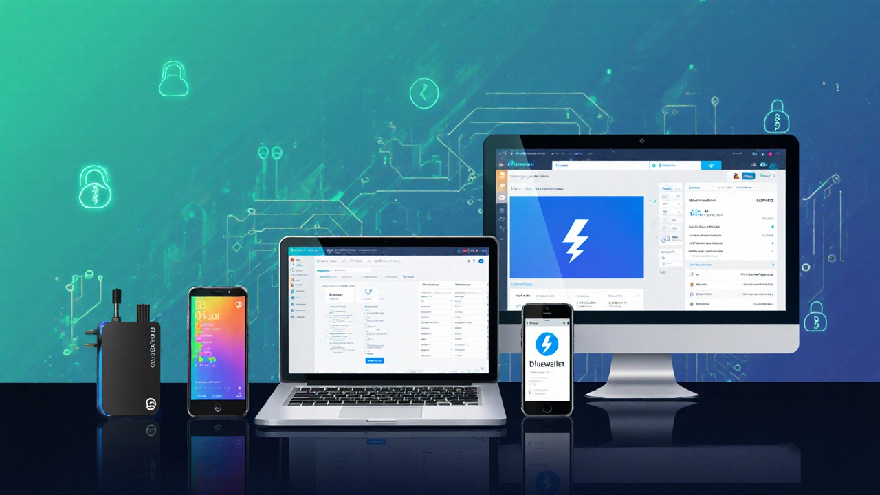 Array of top Bitcoin wallets—Ledger, Trezor, Electrum, BlueWallet, Exodus—displayed on a sleek surface.