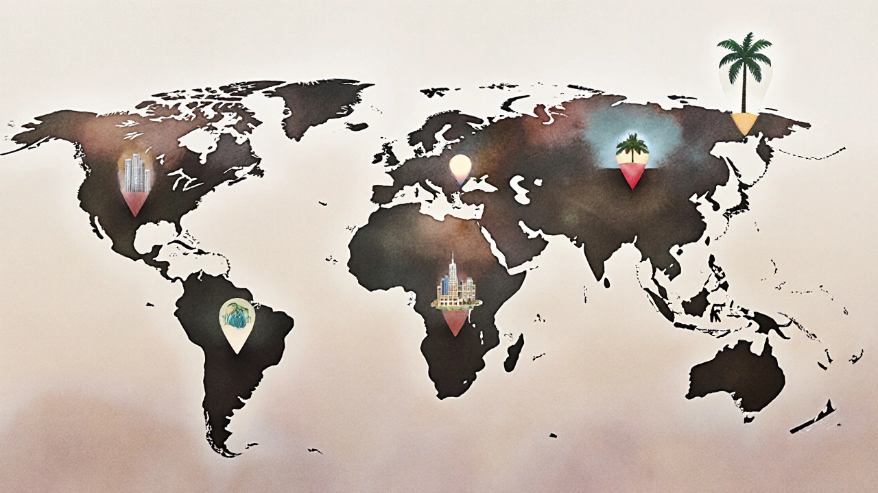 Artistic world map highlighting Manhattan, Mayfair, Palm Jumeirah, Hong Kong Island, and Point Piper.