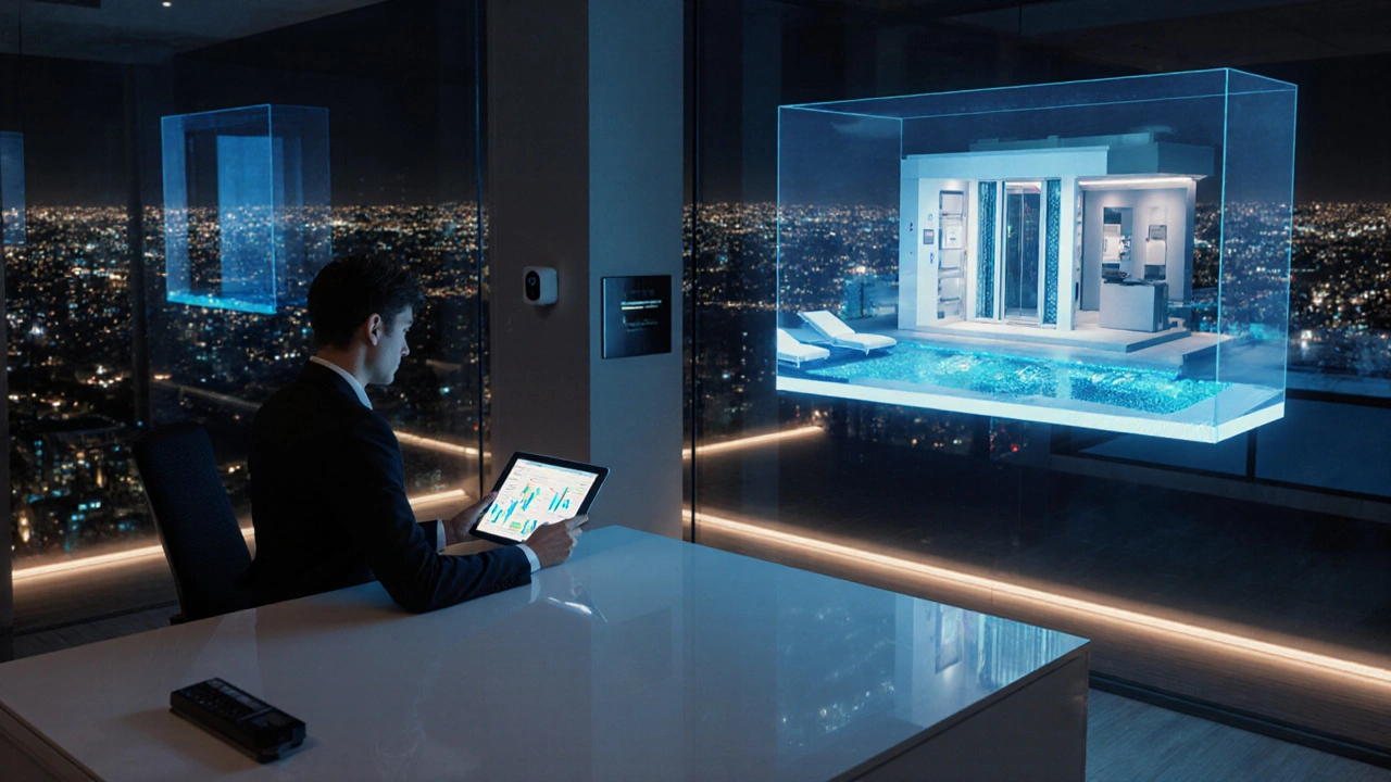 Businessperson reviewing a holographic model of a luxury villa in a modern office with city view.