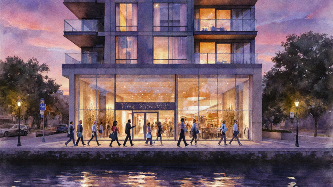 Completed mixed-use building illuminated at dusk with people entering.