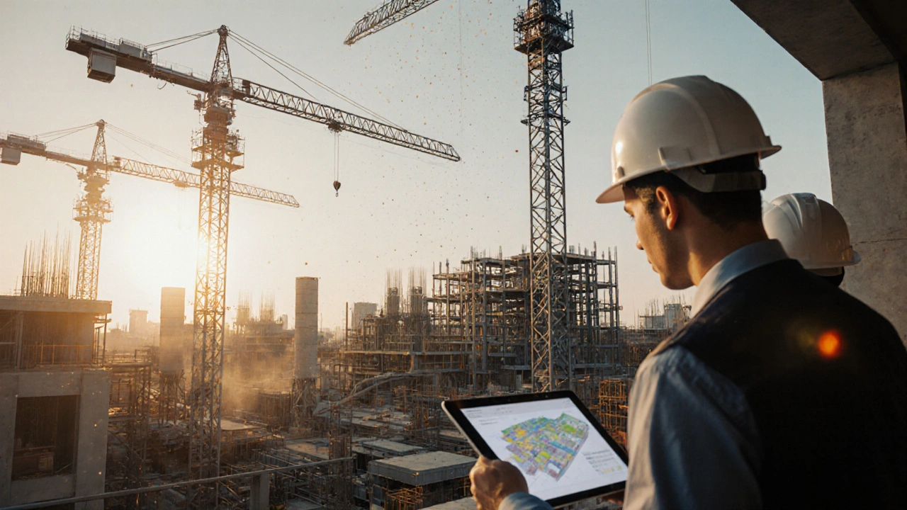 Construction manager checking a tablet on an active building site in late afternoon.