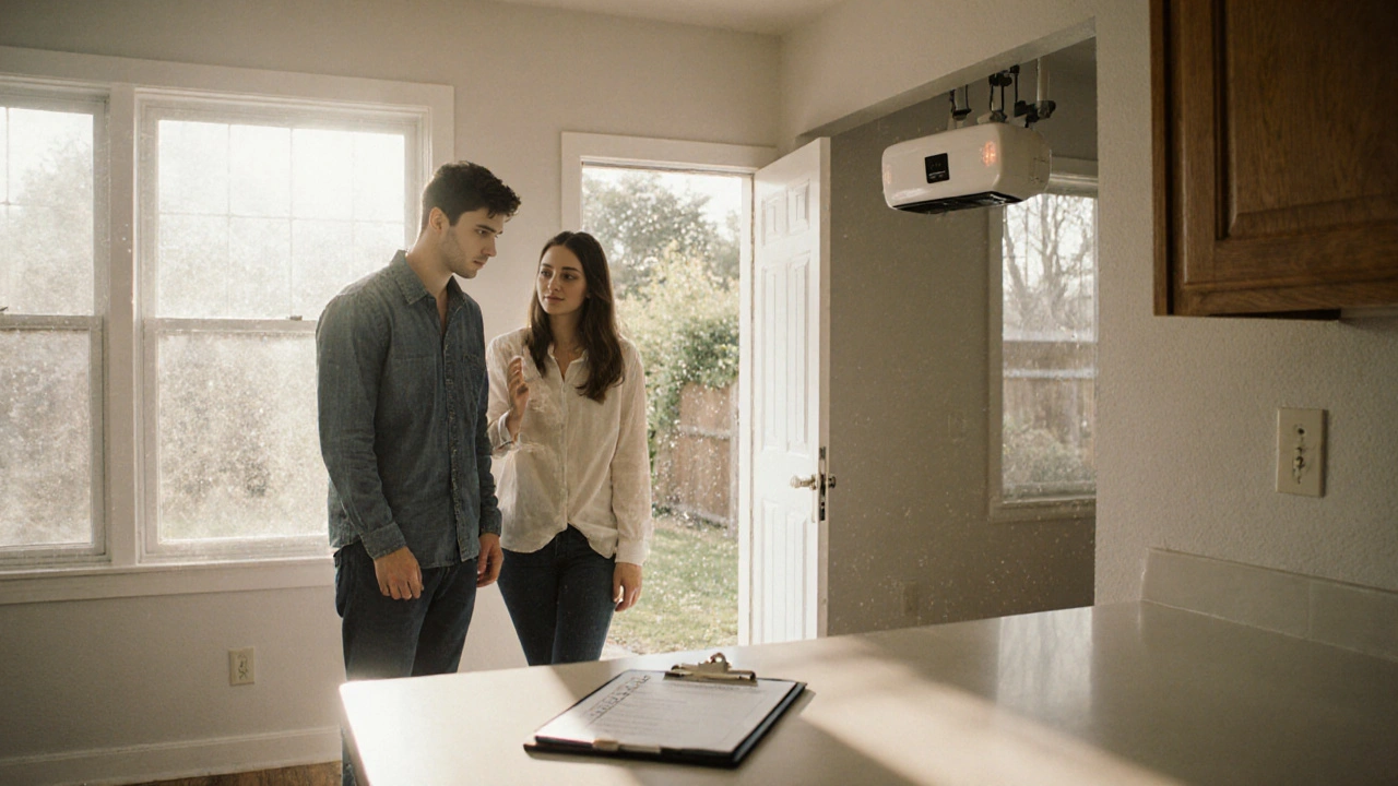 Couple conducting a final home walkthrough, checking appliances and garage door before closing.