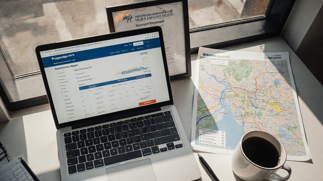 Desk layout with laptop, property report, RERA certificate, and Kolkata map under natural light.