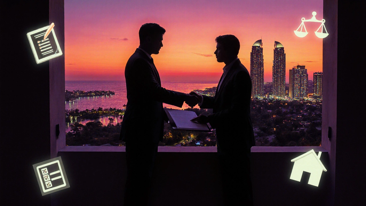 Digital art of client and lawyer exchanging a deed on a balcony at sunset over Kochi.