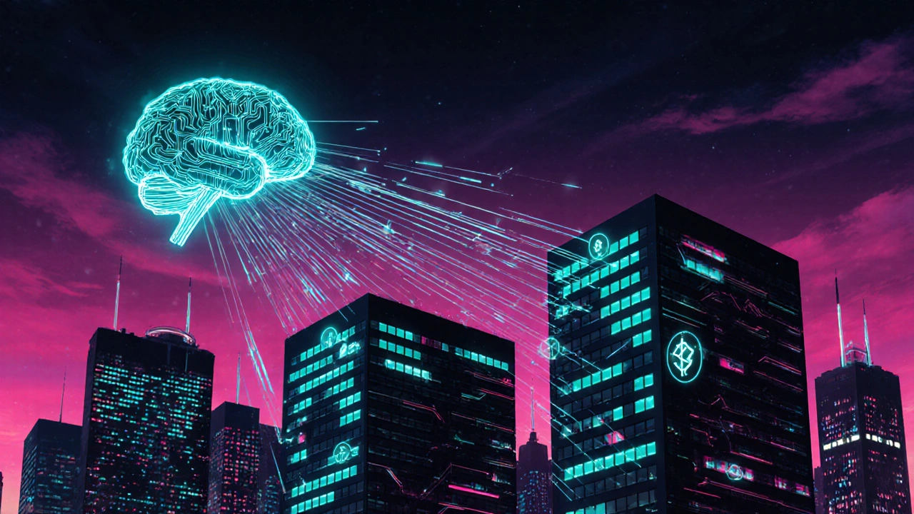 Futuristic cityscape with glowing sensors, AI icons, and blockchain symbols illustrating tech trends.