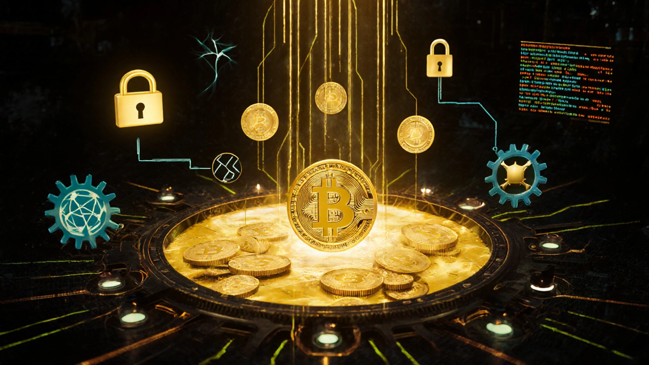 Futuristic DeFi hub with golden wBTC flowing into a liquidity pool and risk symbols.
