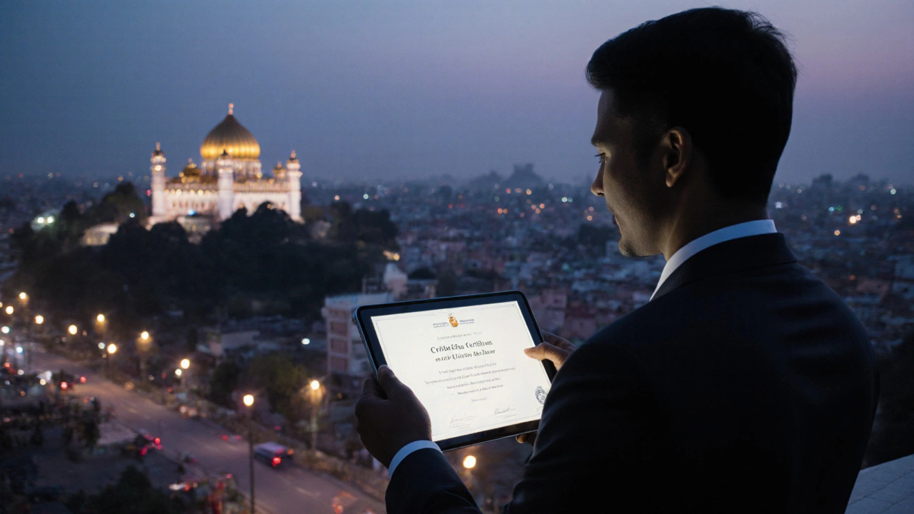 Graduate receiving a digital certificate with Amritsar skyline in the background.