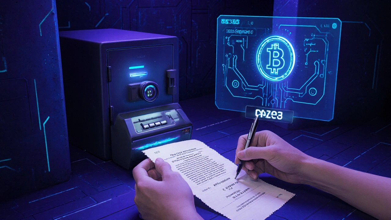 Hands securing seed phrase, hardware wallet, and multi‑signature diagram illustrating setup steps.