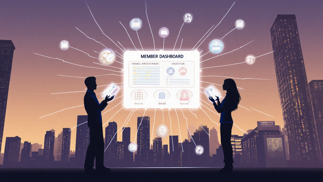 Homebuyer, developer, and investor holding glowing cards linked to a digital member portal.
