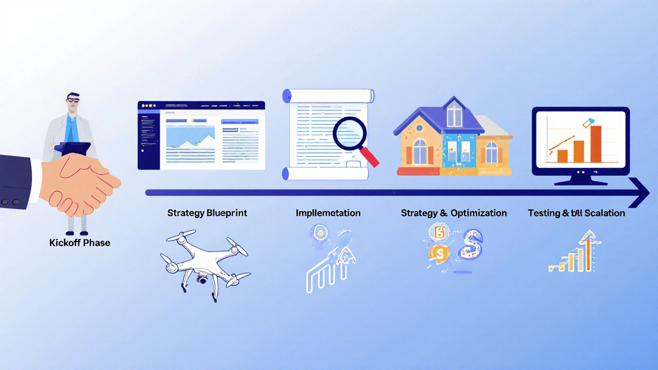 Illustrated timeline of onboarding steps from kickoff to scaling leads.