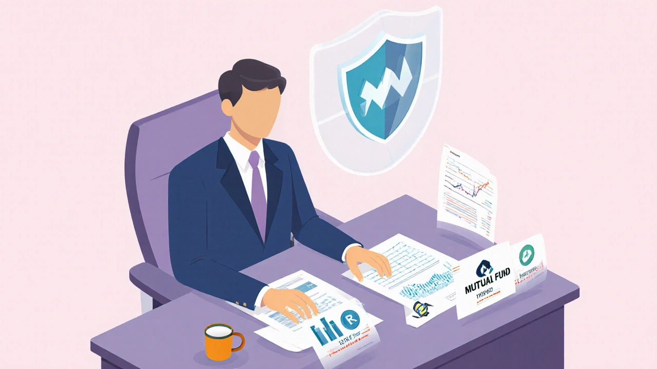 Illustration of regulator reviewing REIT and mutual‑fund documents under a protective shield.