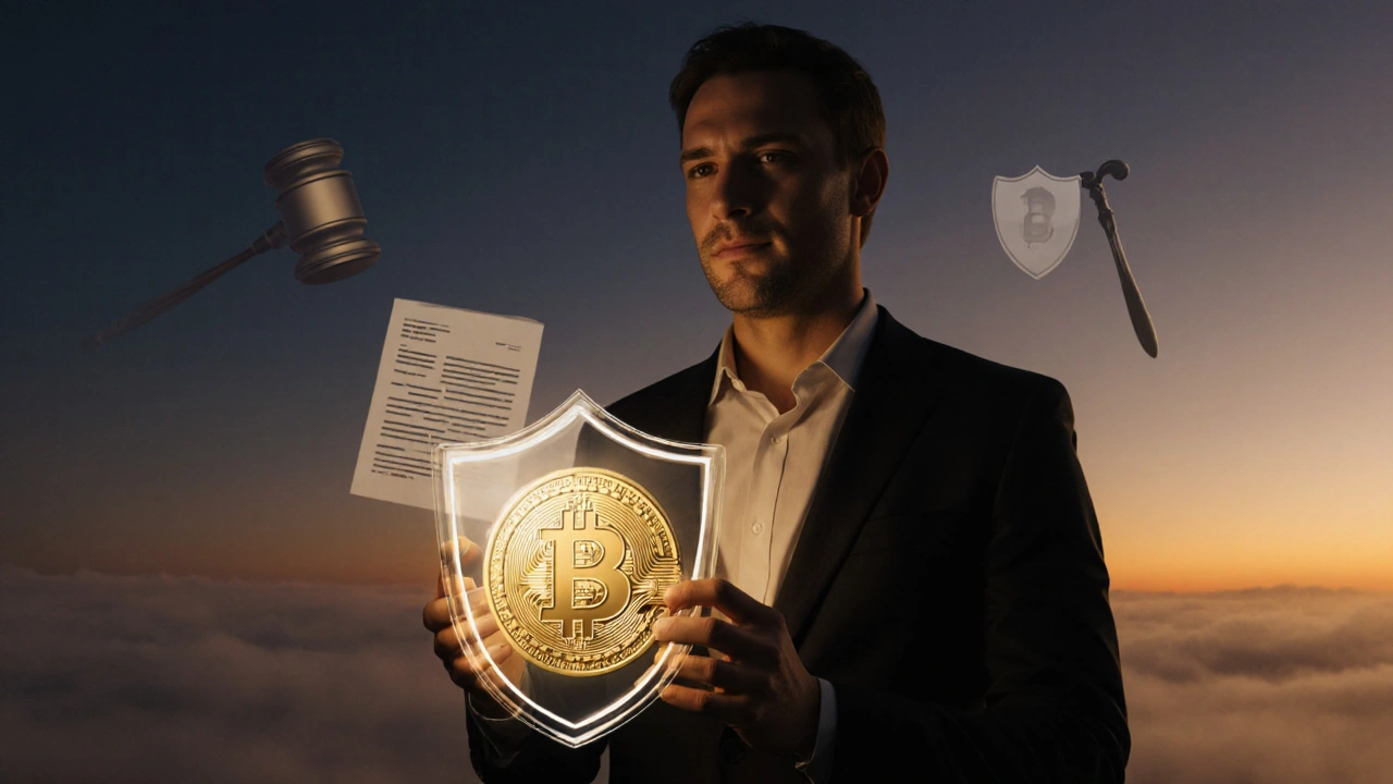 Investor holding a Bitcoin protected by a glowing put‑option shield at sunrise.