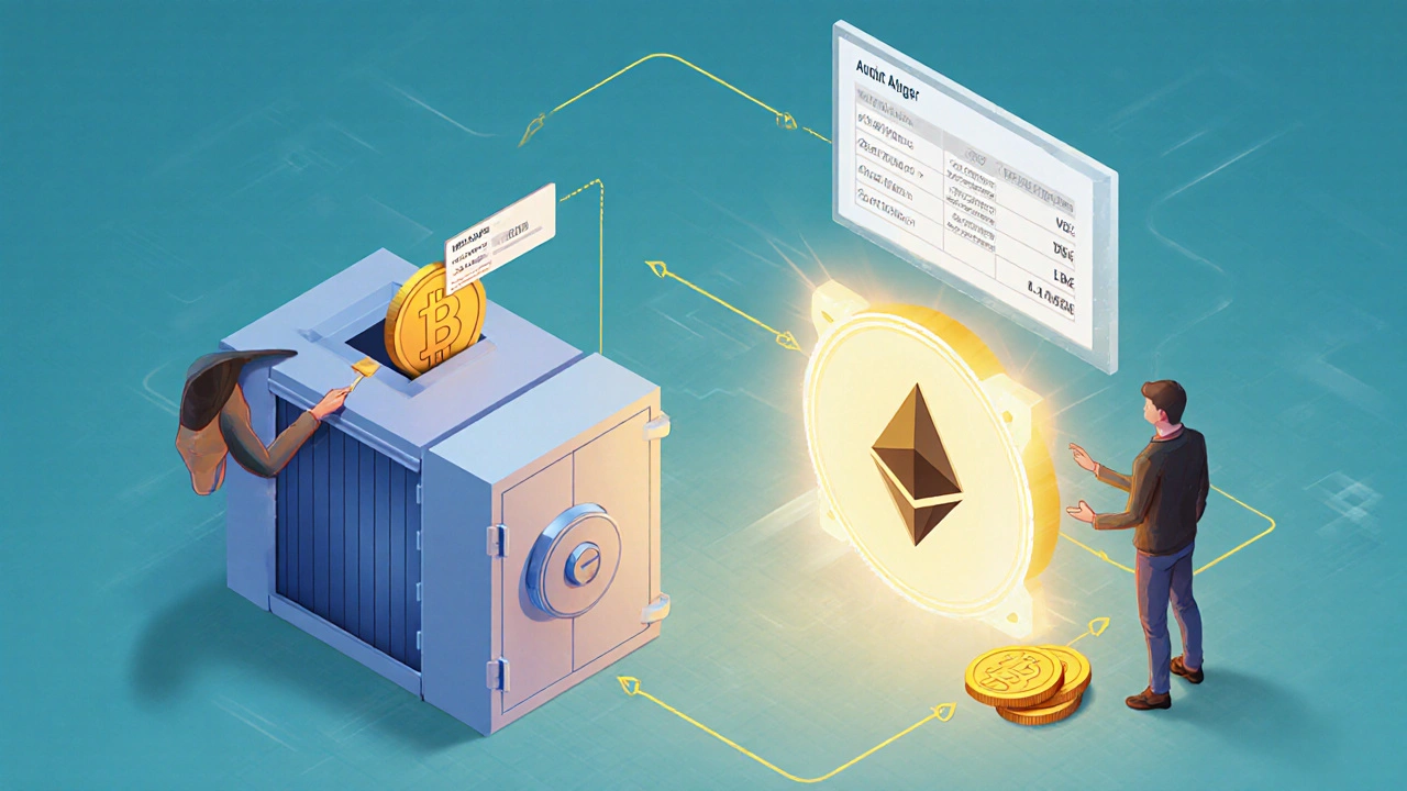 Isometric view of Bitcoin sent to a vault and wBTC minted into an Ethereum wallet.