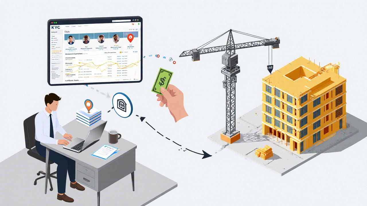 Person completing KYC on a laptop, then funding a property project with money flowing to construction site.
