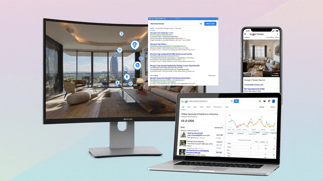 Screens displaying a virtual home tour, SEO rankings, and ad performance metrics.