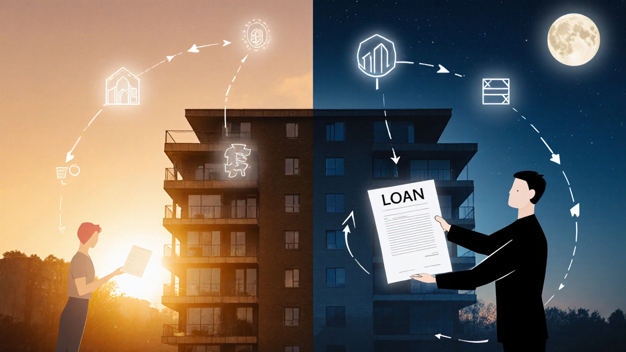 Side-by-side illustration of equity ownership and debt lending for a real estate project.