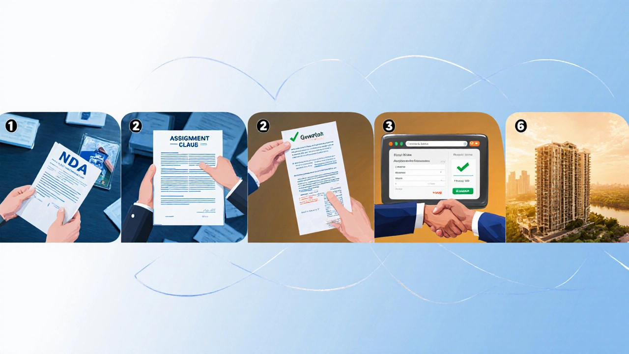 Six connected scenes showing the steps to close a wholesale property deal in Guwahati.