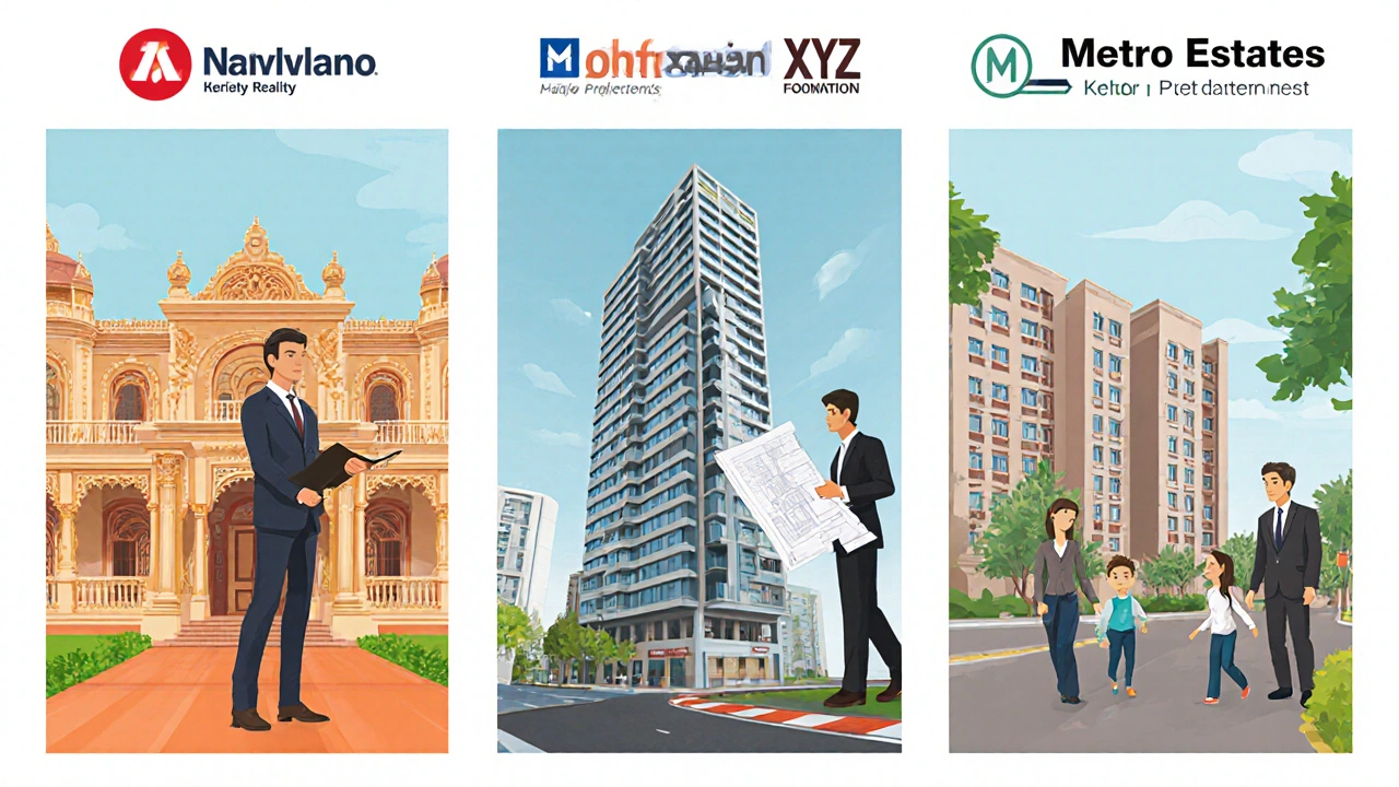 Three side‑by‑side illustrations of luxury bungalow, office tower, and mid‑range apartment representing top Kolkata agencies.