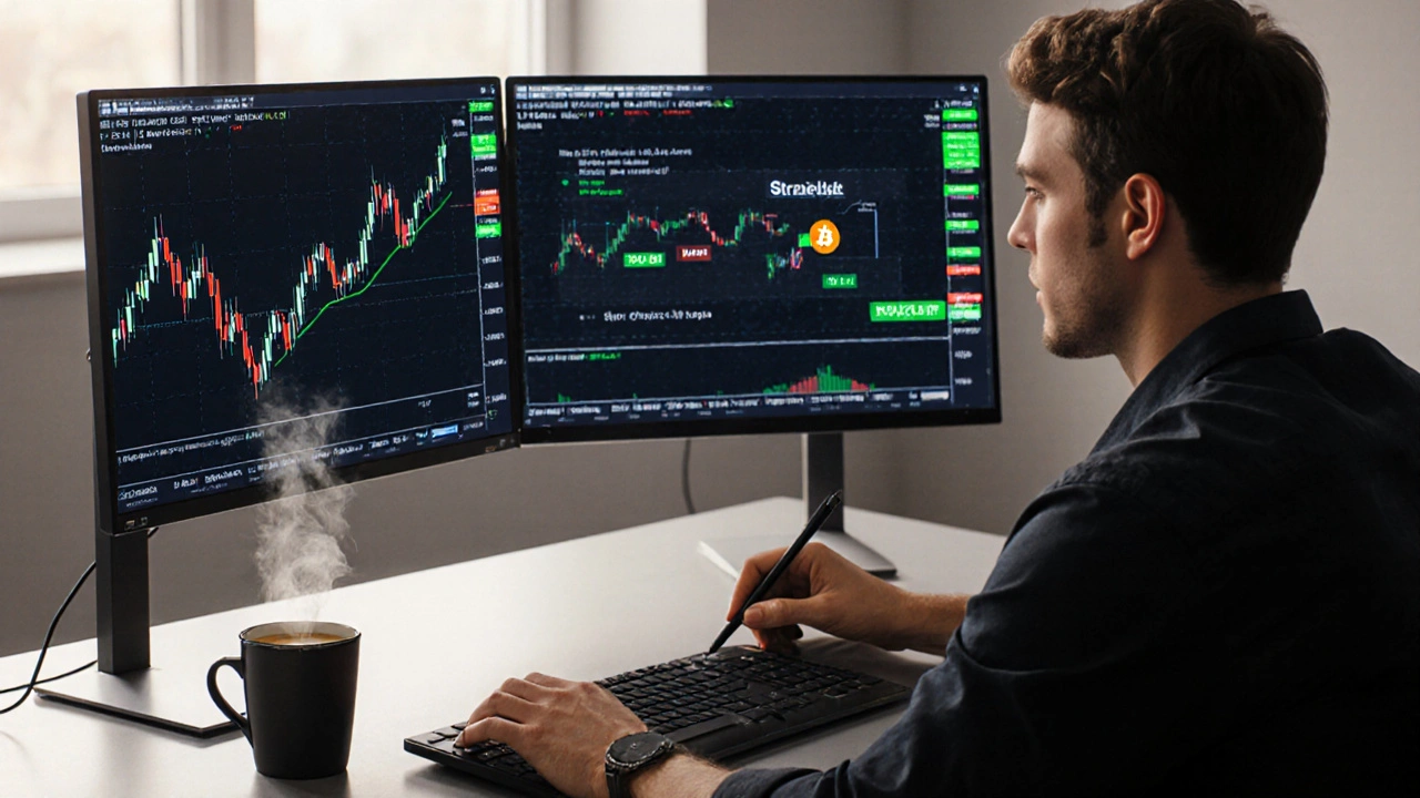Trader at a dual‑monitor setup showing a Bitcoin chart and a straddle option strategy.