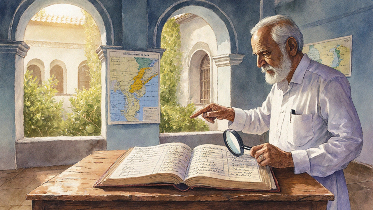 Watercolor of an old land‑registry desk with ledger, magnifying glass, and coastal map on the wall.