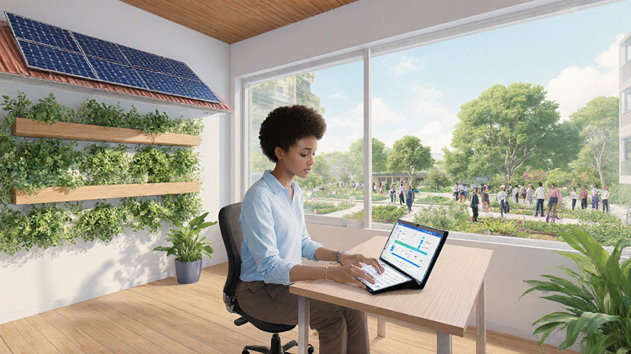 Young professional working in a smart affordable housing unit with solar panels and vertical gardens.