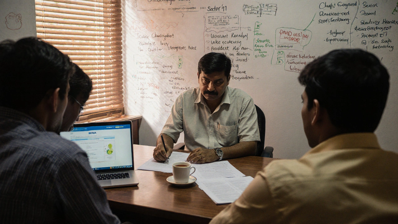 A coach reviews local property documents with clients in a simple Raipur office.
