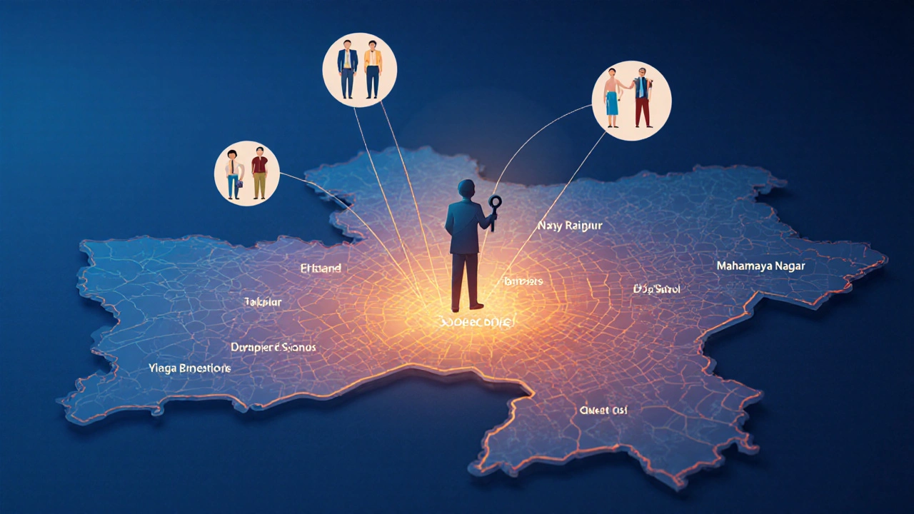 A glowing map of Raipur shows rising property zones connected to diverse investors.