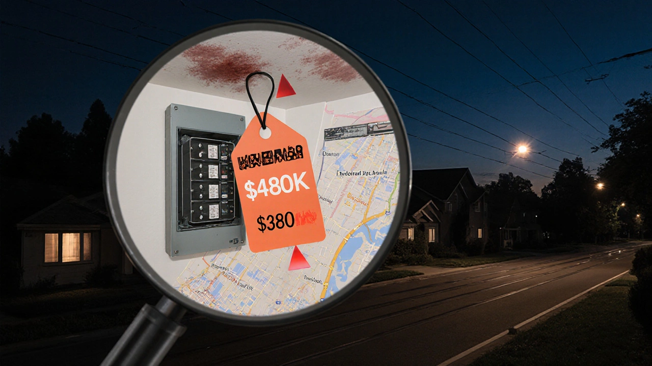 A house with hidden problems — water stains, old electrical panel, and dropping price tag — viewed through a magnifying glass.