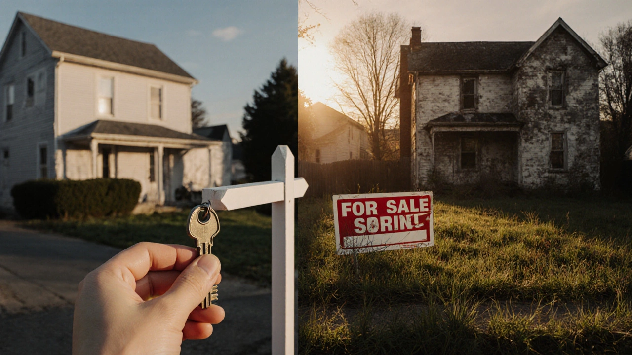 A key beside a for-sale sign with a split background showing idealized vs. real home condition.