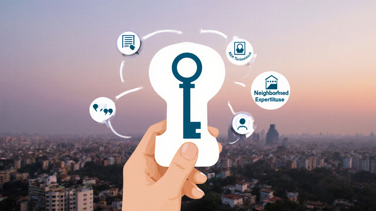 A key shaped like a checklist with icons representing trust and expertise in Pune real estate.