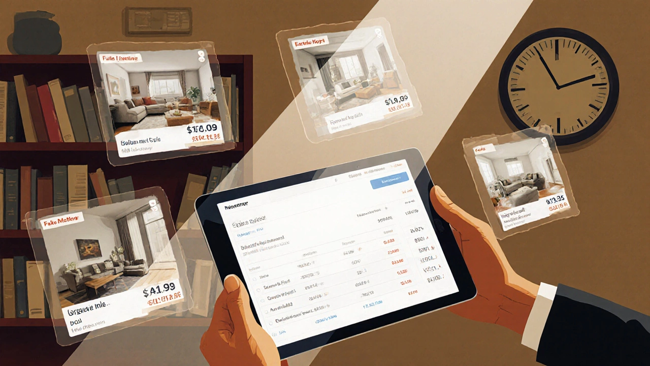 A real estate agent displaying accurate MLS data while ghostly fake listings float around them.