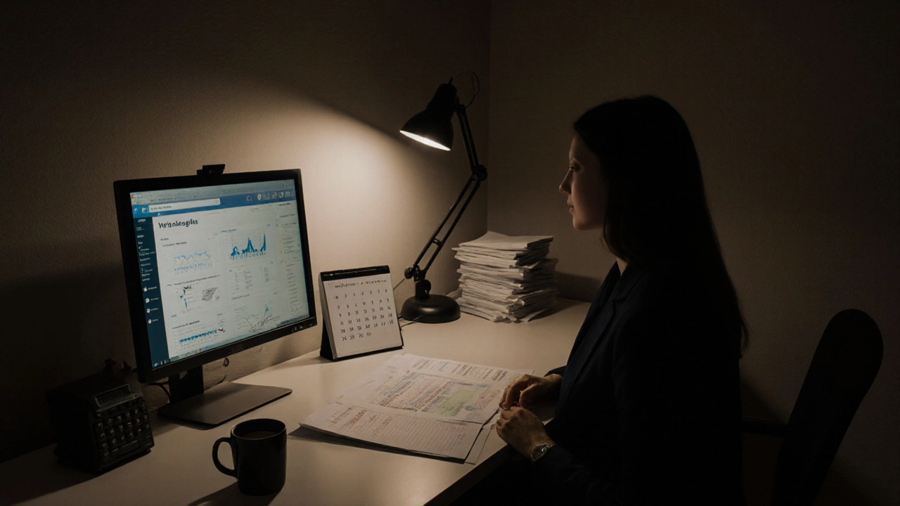 A real estate agent works at a clean home office with a CRM dashboard and market updates, lit by a soft lamp.