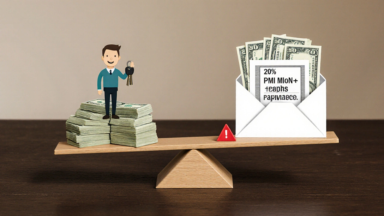 A scale compares home down payments: 20% vs. 5%, showing higher monthly costs with smaller down payment.