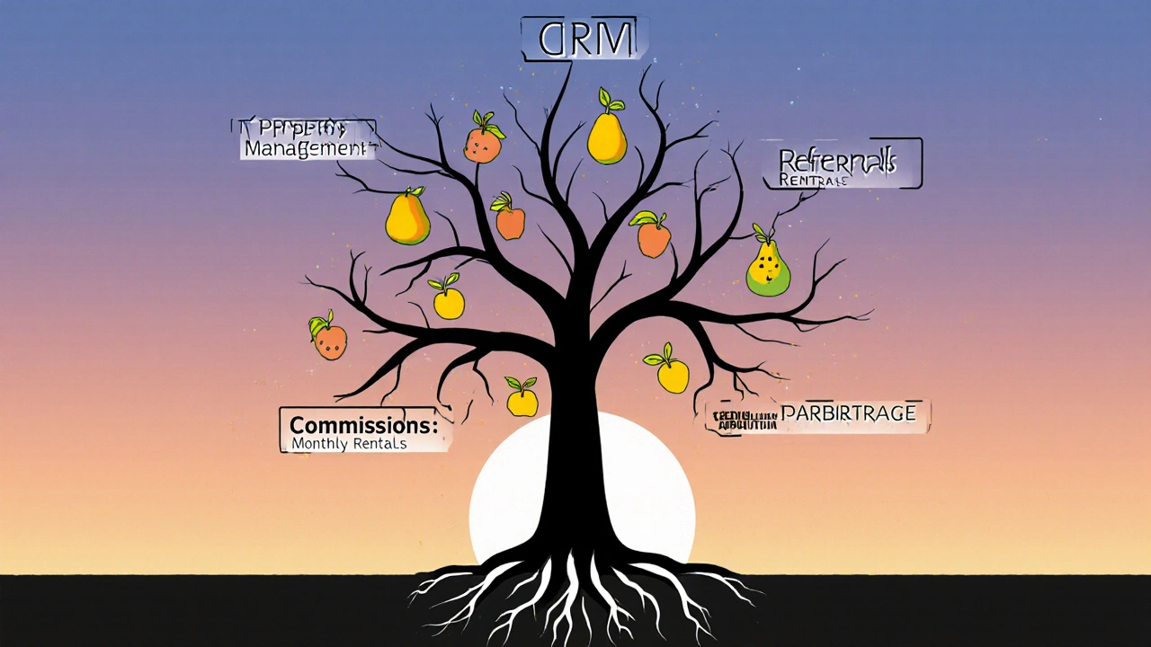 A tree with labeled roots and fruit represents growing real estate income streams through systems and automation.