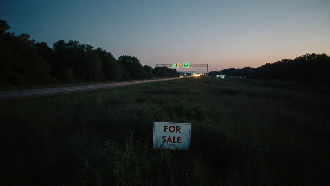 Aerial view of undeveloped land with &#039;For Sale&#039; sign near distant highway exit.