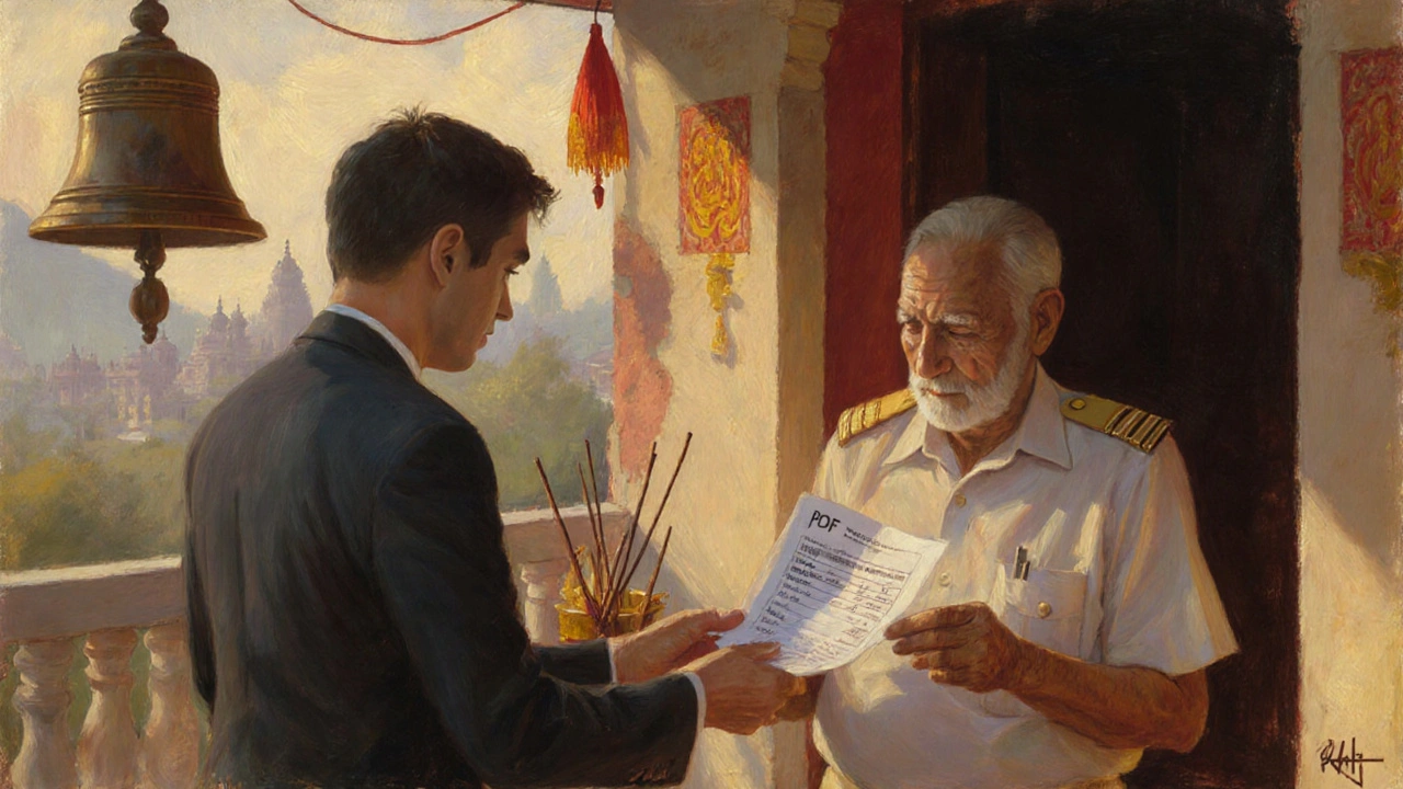 Agent giving a property rate guide to a retired officer near a temple, quiet and respectful.