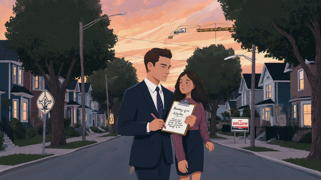 Agent walking neighborhood street at dusk, pointing out local features to a couple.