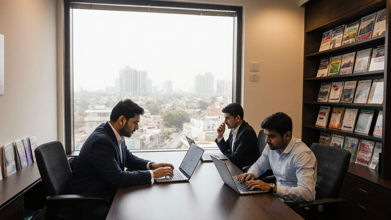Agents in a Surat office working with real estate software dashboards displaying commissions and documents.