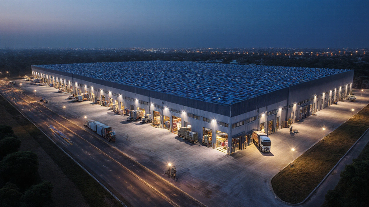 Automated warehouse with solar roof and trucks unloading near KMP Expressway