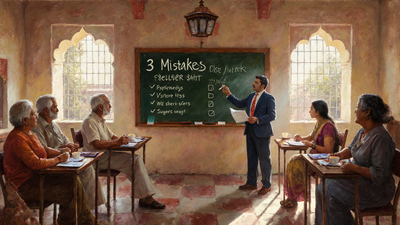 Community workshop in a temple hall where an agent teaches home selling tips to local residents.