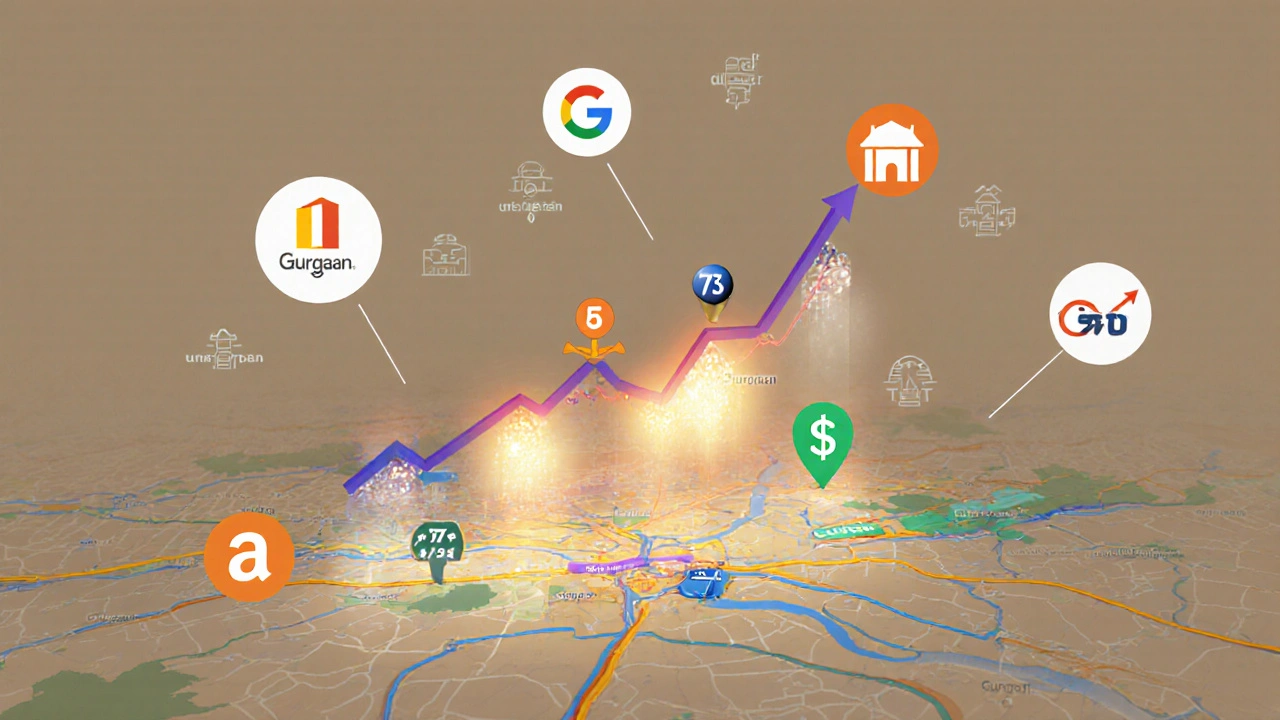 Conceptual map of Gurgaon sectors glowing with investment potential, connected by metro lines and highways.