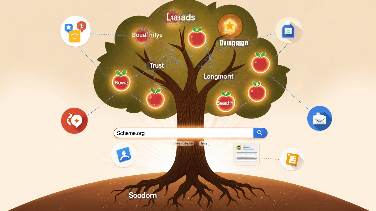 Conceptual tree with search result roots and lead-bearing fruits labeled by Colorado neighborhoods.