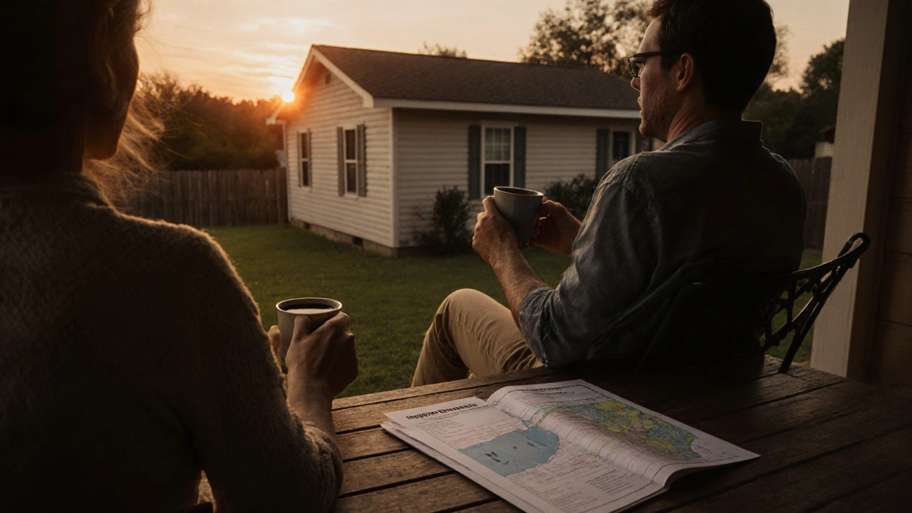 Couple on a porch at dusk with inspection documents, symbolizing careful homebuying decisions.