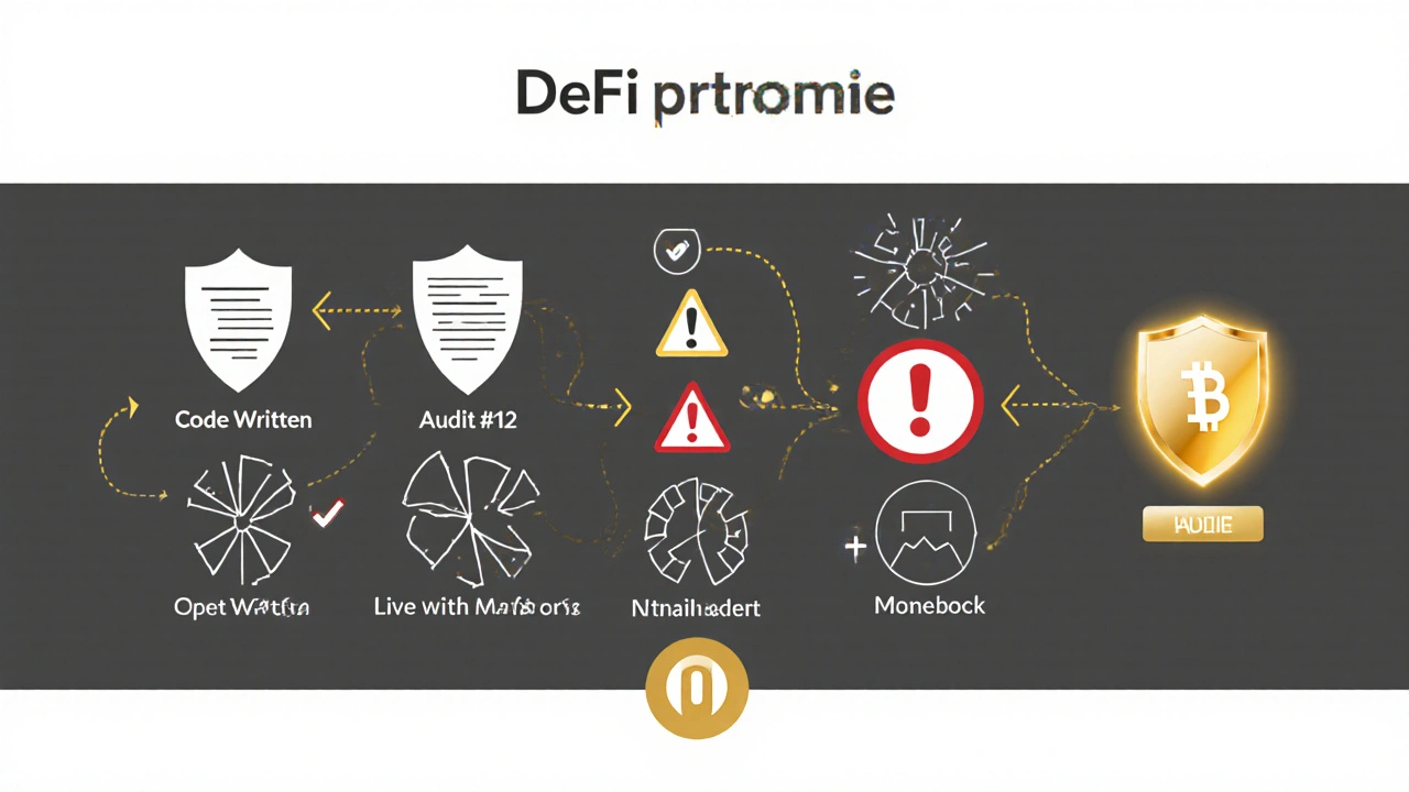 DeFi protocol lifecycle with three audits and continuous monitoring, shown through shield icons and alerts