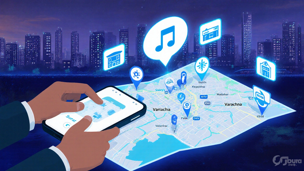 Digital map of Surat highlighting properties with nearby schools, hospitals, and metro stations.