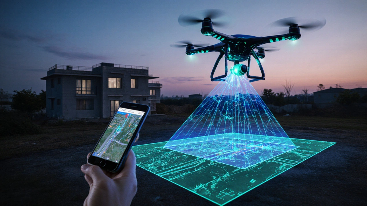 Drone scanning a property in Bhavnagar while transmitting real-time data to a smartphone app, highlighting road expansions and water pipeline routes.