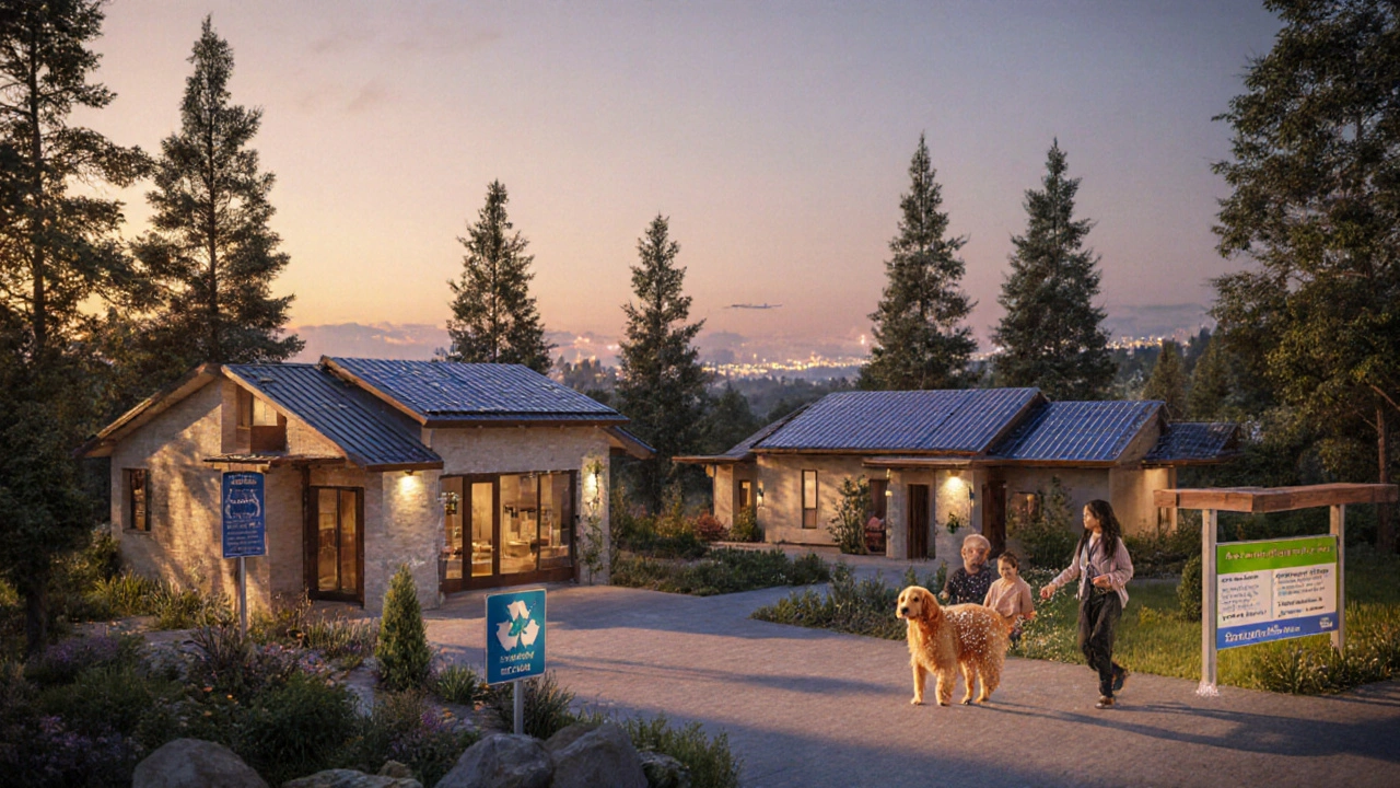 Eco-friendly gated community in Sahastradhara with solar panels, pet grooming station, and pine trees under golden hour light.